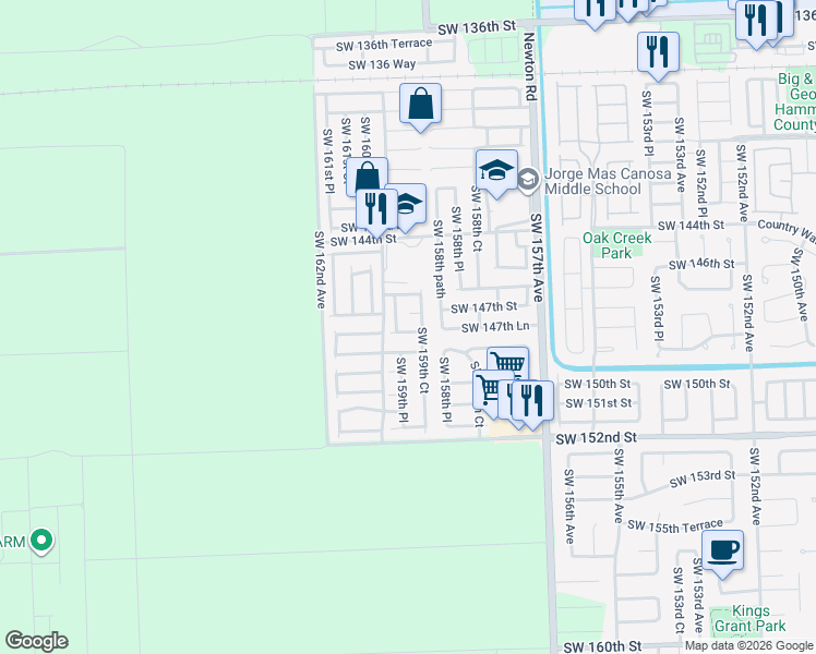 map of restaurants, bars, coffee shops, grocery stores, and more near 15945 Southwest 147th Lane in Miami