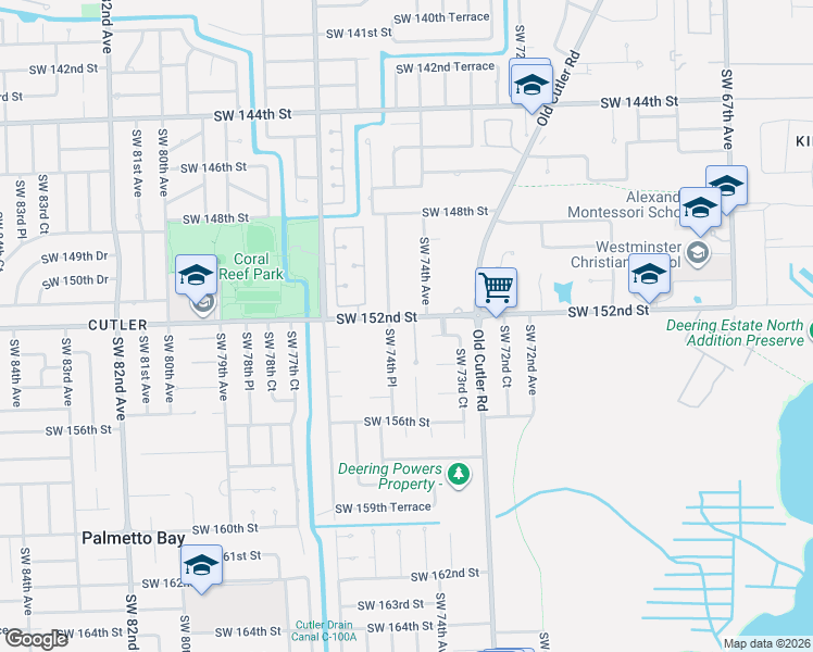 map of restaurants, bars, coffee shops, grocery stores, and more near 15221 Southwest 74th Place in Palmetto Bay