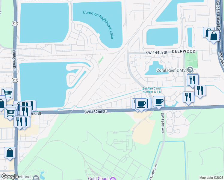 map of restaurants, bars, coffee shops, grocery stores, and more near 12811 Southwest 148th Street Road in Miami