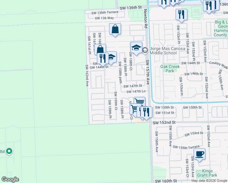 map of restaurants, bars, coffee shops, grocery stores, and more near 15946 Southwest 147th Lane in Miami