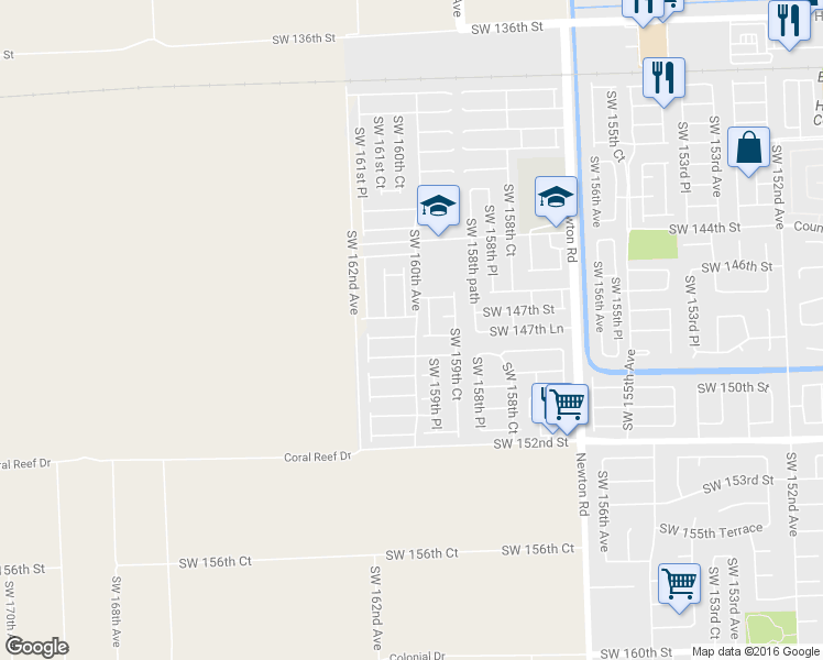 map of restaurants, bars, coffee shops, grocery stores, and more near 16052 Southwest 147th Lane in Miami