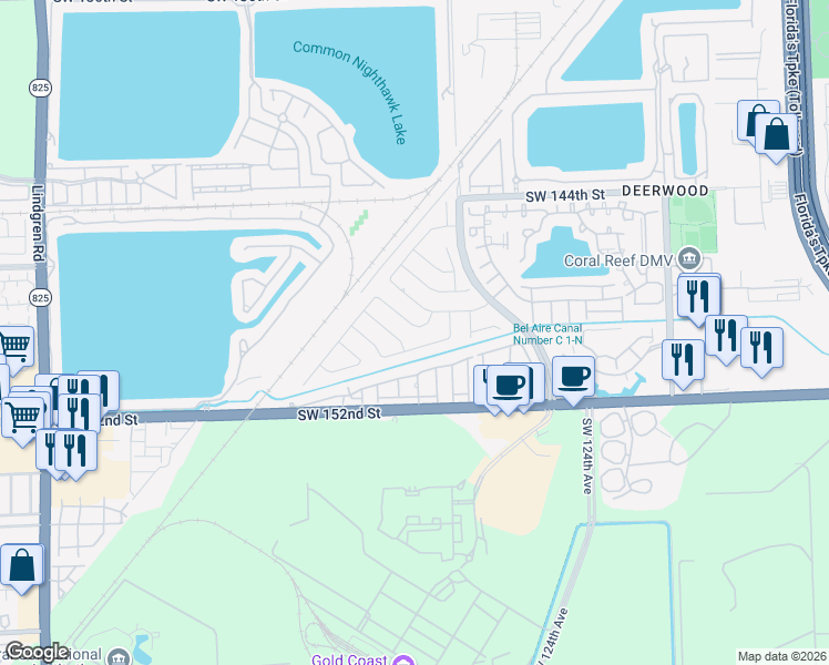 map of restaurants, bars, coffee shops, grocery stores, and more near 12831 Southwest 149th Street in Miami