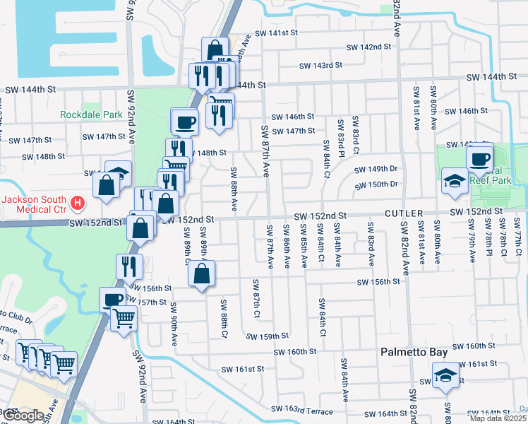 map of restaurants, bars, coffee shops, grocery stores, and more near 15200 Southwest 87th Avenue in Palmetto Bay