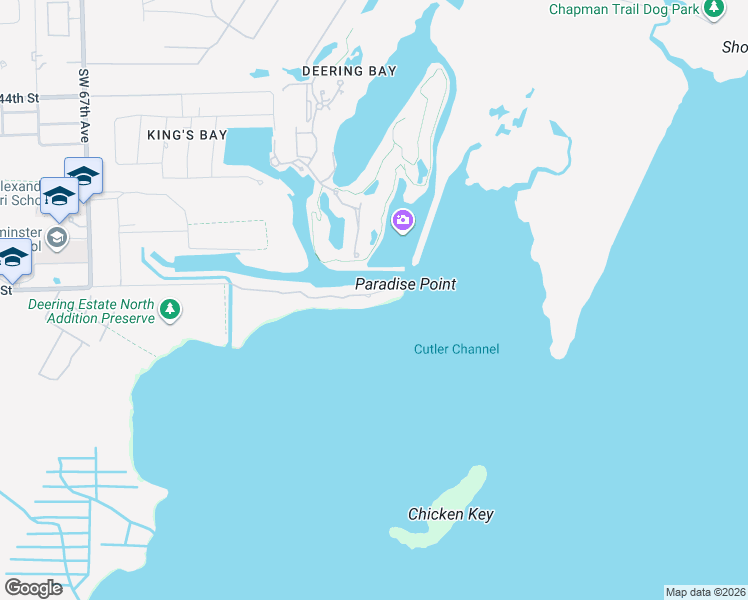 map of restaurants, bars, coffee shops, grocery stores, and more near 5863 Paradise Point Drive in Palmetto Bay