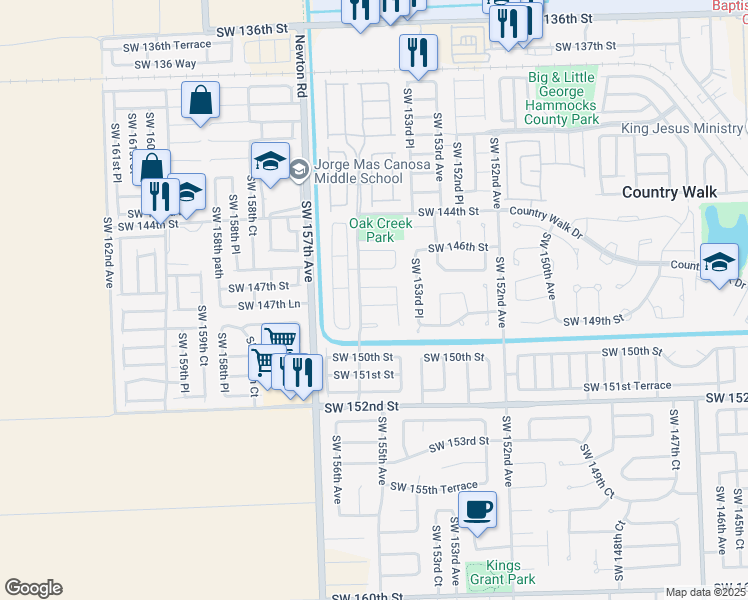 map of restaurants, bars, coffee shops, grocery stores, and more near 15488 Southwest 148th Street in Miami