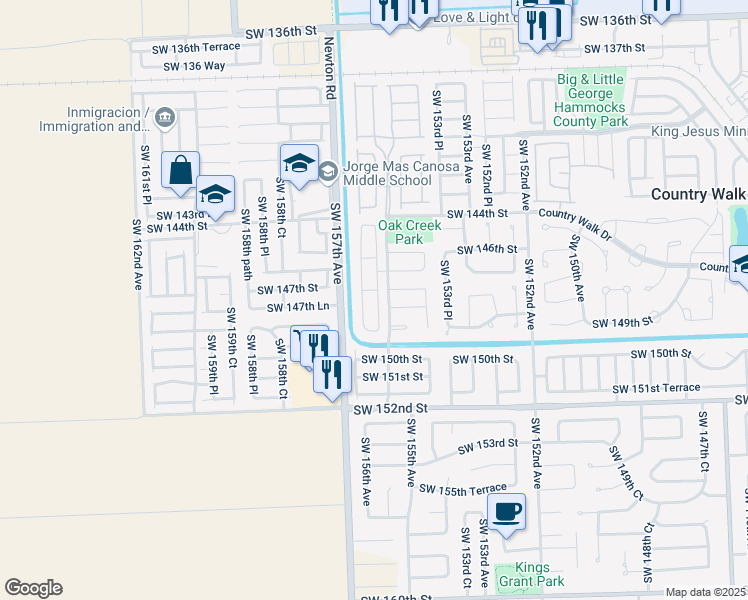 map of restaurants, bars, coffee shops, grocery stores, and more near 14732 Southwest 155th Place in Miami