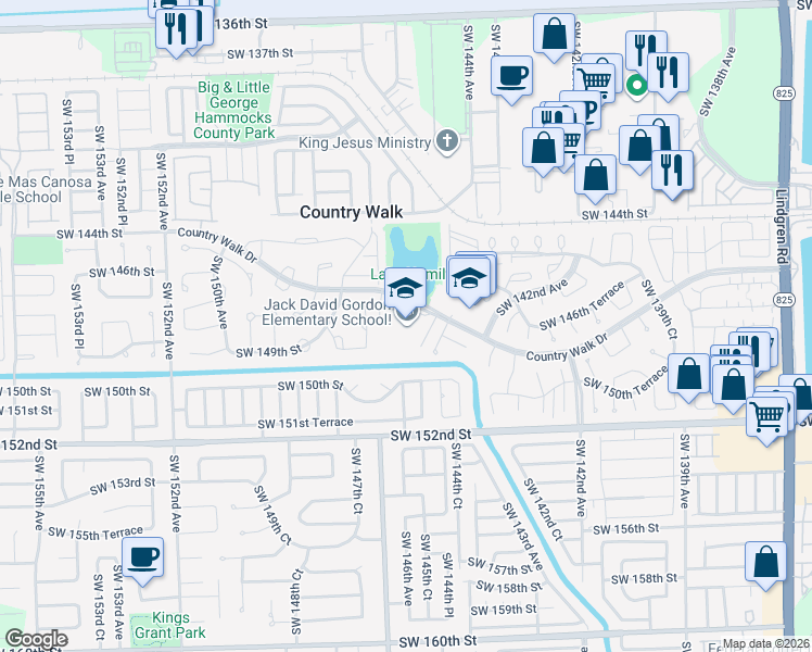 map of restaurants, bars, coffee shops, grocery stores, and more near 14600 Country Walk Drive in Miami