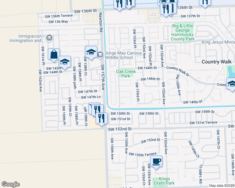 map of restaurants, bars, coffee shops, grocery stores, and more near 15488 Southwest 148th Street in Miami