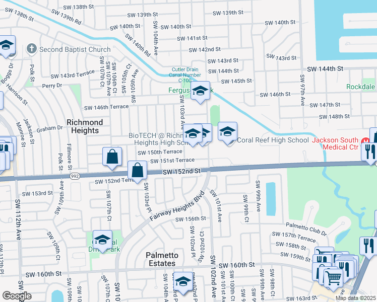 map of restaurants, bars, coffee shops, grocery stores, and more near 15015 Southwest 103rd Avenue in Miami