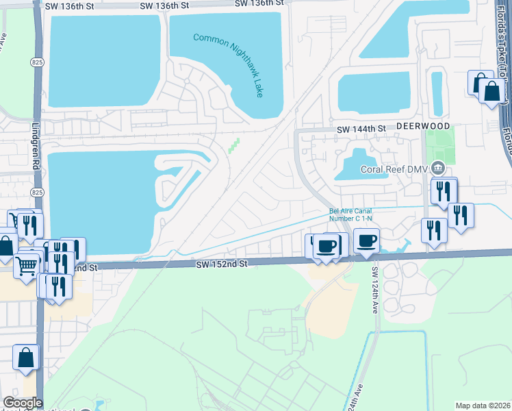 map of restaurants, bars, coffee shops, grocery stores, and more near 12910 Southwest 147th Terrace Road in Miami