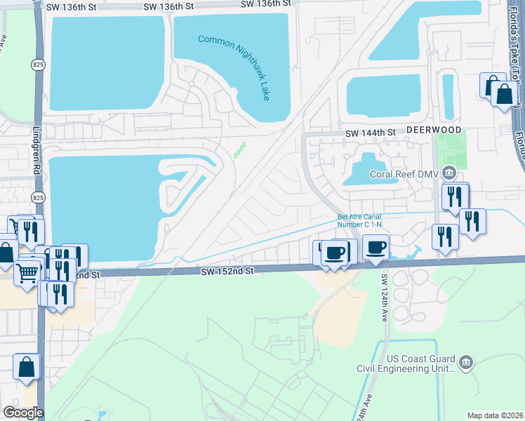 map of restaurants, bars, coffee shops, grocery stores, and more near 12910 Southwest 147th Terrace Road in Miami