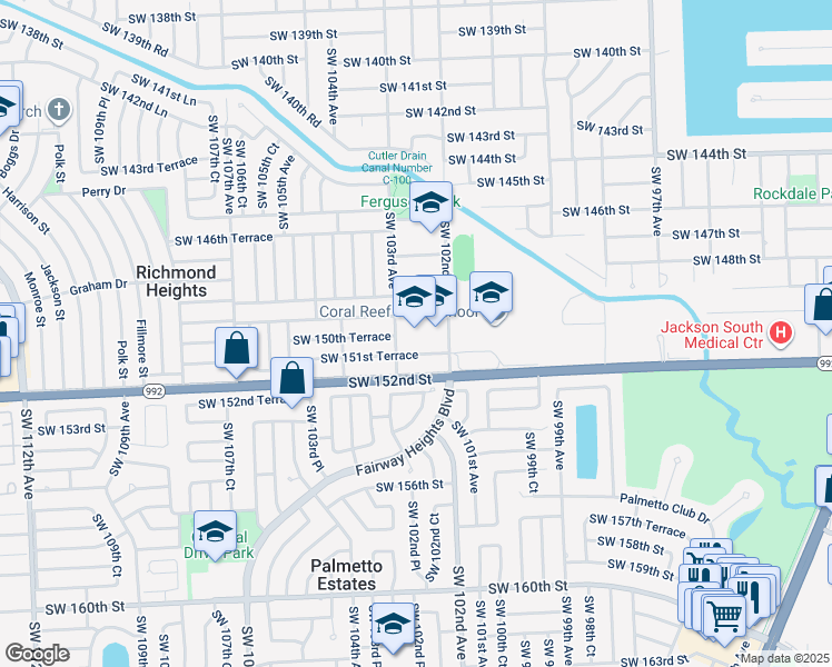 map of restaurants, bars, coffee shops, grocery stores, and more near 15015 Southwest 103rd Avenue in Miami
