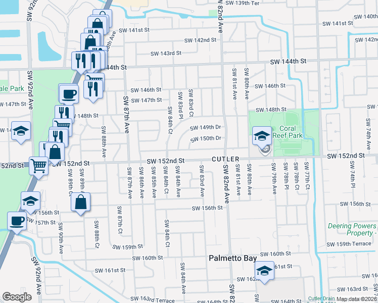 map of restaurants, bars, coffee shops, grocery stores, and more near 8340 Southwest 150th Drive in Palmetto Bay
