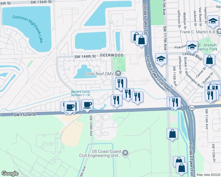 map of restaurants, bars, coffee shops, grocery stores, and more near 12241 Southwest 148th Terrace in Miami