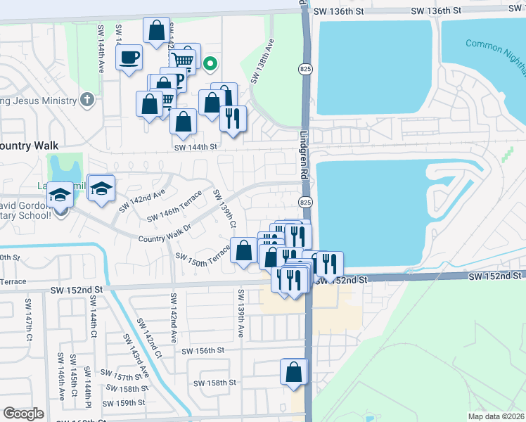 map of restaurants, bars, coffee shops, grocery stores, and more near 13754 Southwest 147th Circle Lane in Miami