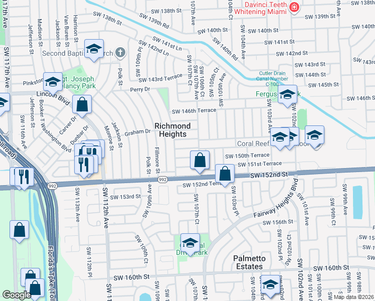 map of restaurants, bars, coffee shops, grocery stores, and more near 10721 Southwest 149th Terrace in Miami