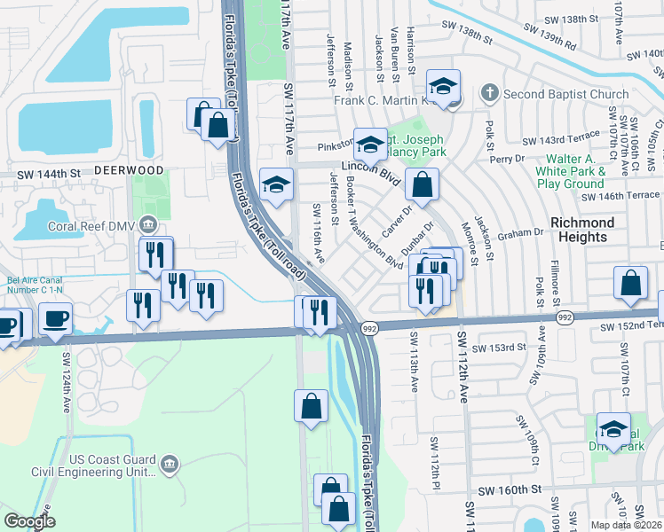 map of restaurants, bars, coffee shops, grocery stores, and more near 11444 Southwest 148th Street in Miami