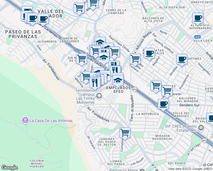 map of restaurants, bars, coffee shops, grocery stores, and more near 1812 Avenida Alfonso Reyes in Monterrey