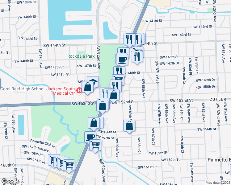 map of restaurants, bars, coffee shops, grocery stores, and more near 15001 South Dixie Highway in Miami