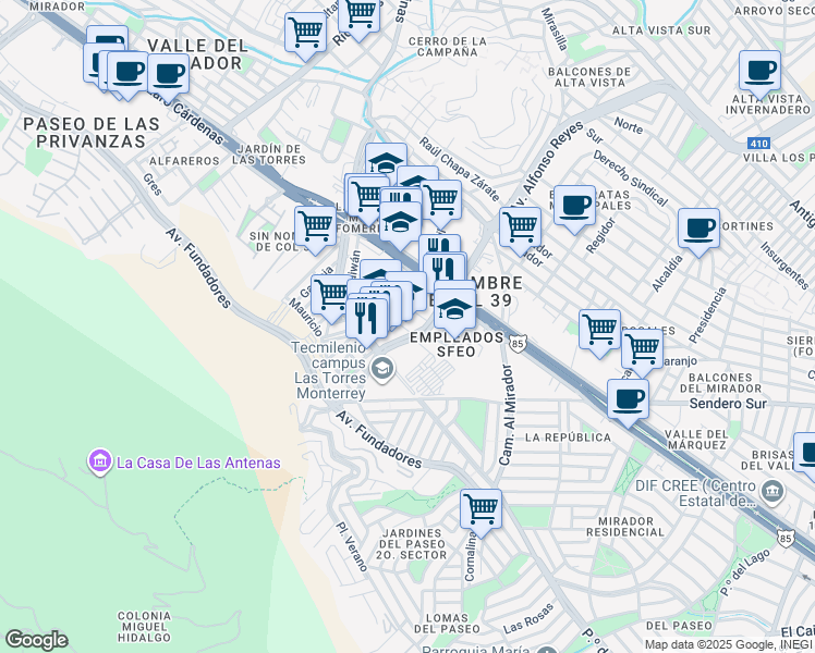 map of restaurants, bars, coffee shops, grocery stores, and more near 1812 Avenida Alfonso Reyes in Monterrey