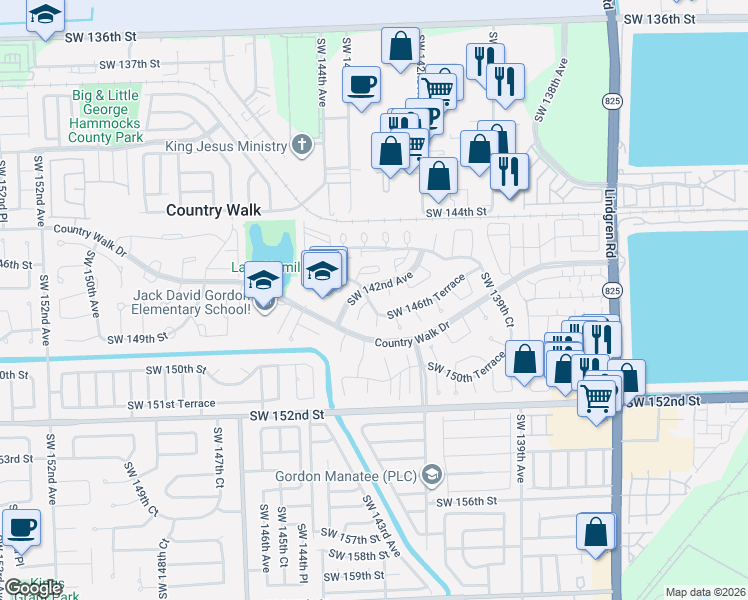 map of restaurants, bars, coffee shops, grocery stores, and more near 14610 Southwest 143rd Court in Miami