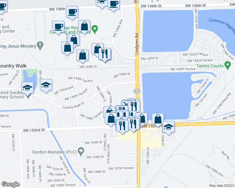 map of restaurants, bars, coffee shops, grocery stores, and more near 13754 Southwest 147th Circle Lane in Miami