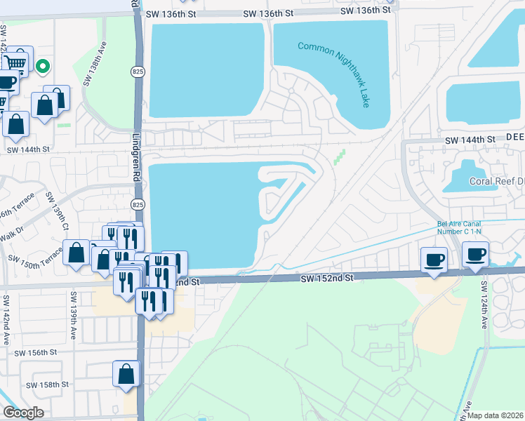 map of restaurants, bars, coffee shops, grocery stores, and more near 14755 Southwest 132nd Place in Miami