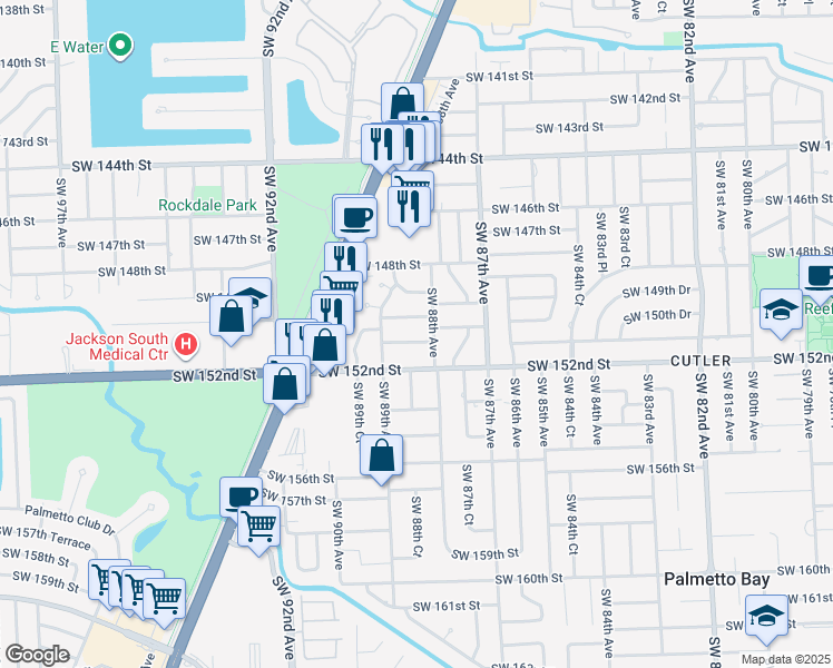map of restaurants, bars, coffee shops, grocery stores, and more near 8860 Southwest 150th Street in Palmetto Bay