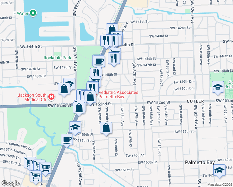 map of restaurants, bars, coffee shops, grocery stores, and more near 8860 Southwest 150th Street in Palmetto Bay