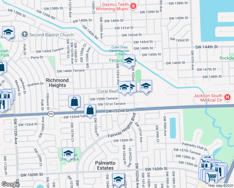 map of restaurants, bars, coffee shops, grocery stores, and more near 10335 Southwest 149th Terrace in Miami