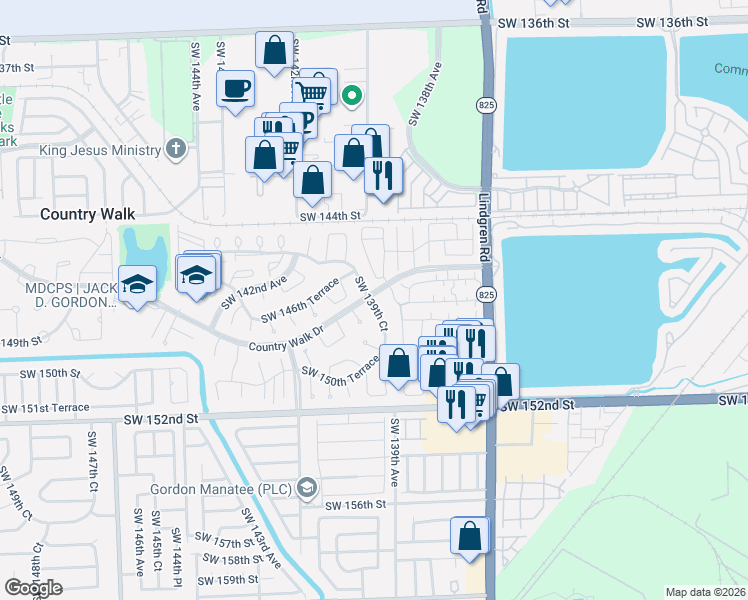 map of restaurants, bars, coffee shops, grocery stores, and more near 14773 Southwest 139th Court in Miami