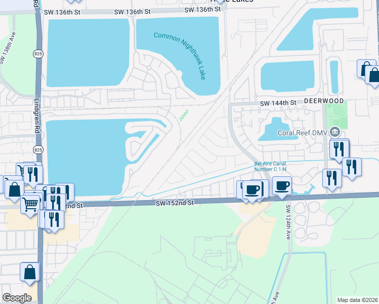 map of restaurants, bars, coffee shops, grocery stores, and more near 12910 Southwest 147th Terrace Road in Miami