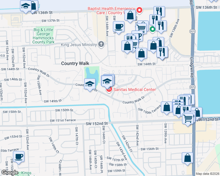 map of restaurants, bars, coffee shops, grocery stores, and more near 14622 Southwest 143rd Place Circle in Miami