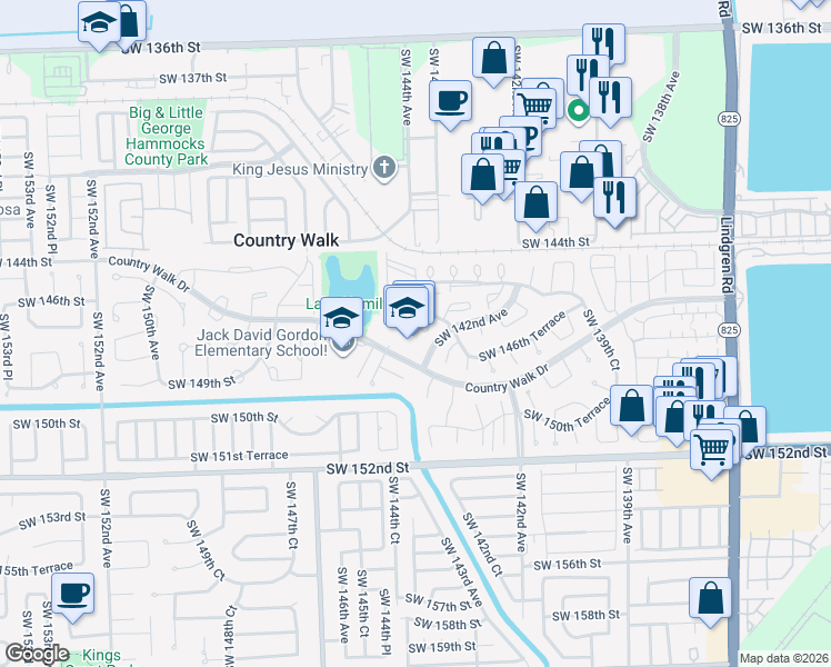 map of restaurants, bars, coffee shops, grocery stores, and more near 14622 SW 143rd Pl Cir in Miami