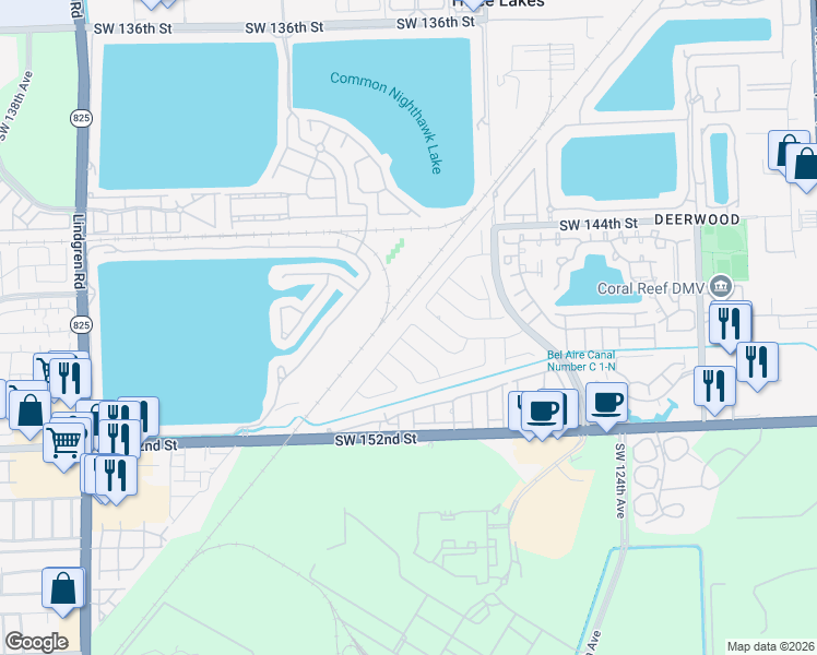 map of restaurants, bars, coffee shops, grocery stores, and more near 12910 Southwest 147th Terrace Road in Miami