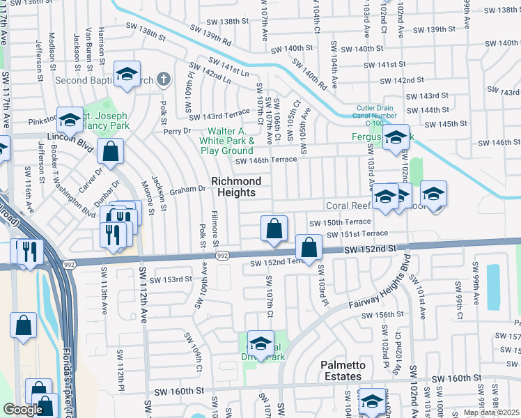 map of restaurants, bars, coffee shops, grocery stores, and more near 10721 Southwest 149th Terrace in Miami