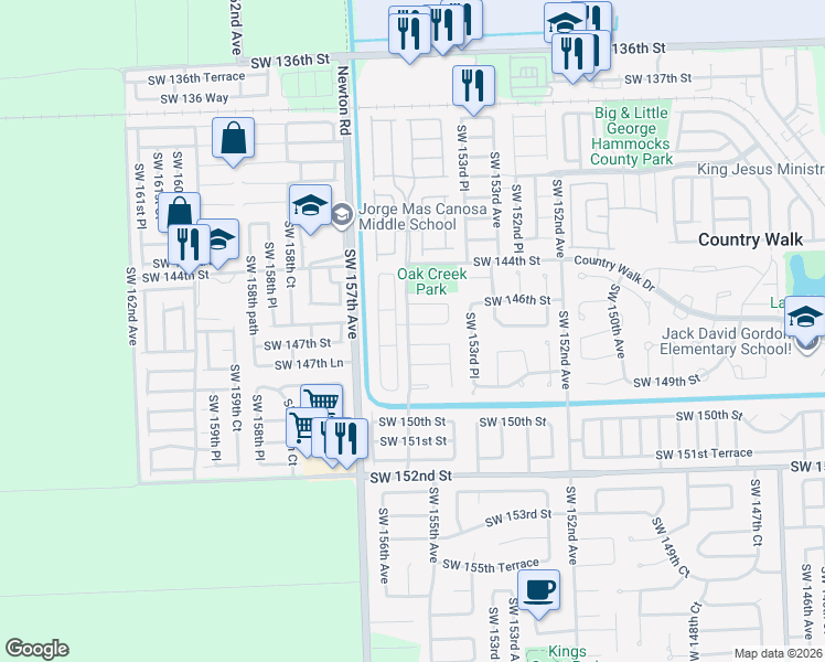 map of restaurants, bars, coffee shops, grocery stores, and more near 15484 Southwest 146th Terrace in Miami