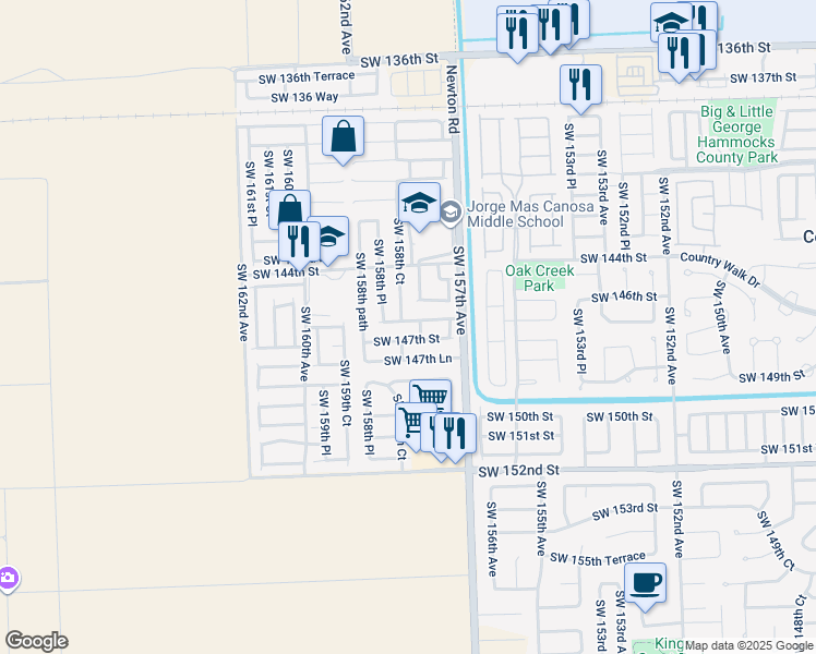 map of restaurants, bars, coffee shops, grocery stores, and more near 15808 SW 146th Terrace in Miami