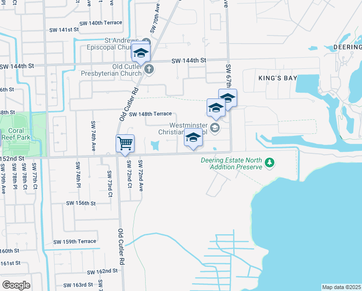 map of restaurants, bars, coffee shops, grocery stores, and more near 15111 Southwest 69th Court in Palmetto Bay