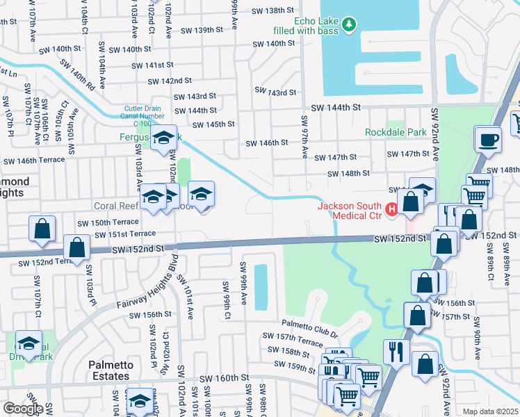 map of restaurants, bars, coffee shops, grocery stores, and more near 9869 Southwest 152nd Street in Miami