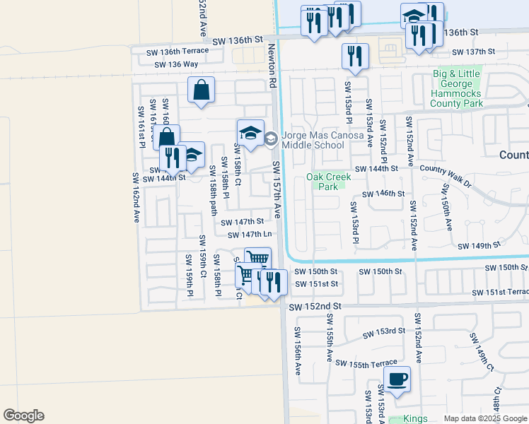 map of restaurants, bars, coffee shops, grocery stores, and more near 15746 Southwest 146th Terrace in Miami