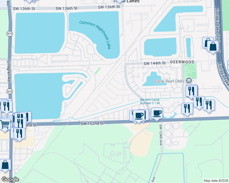 map of restaurants, bars, coffee shops, grocery stores, and more near 12823 Southwest 147th Street in Miami