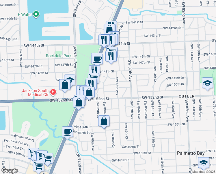 map of restaurants, bars, coffee shops, grocery stores, and more near 8860 Southwest 150th Street in Palmetto Bay