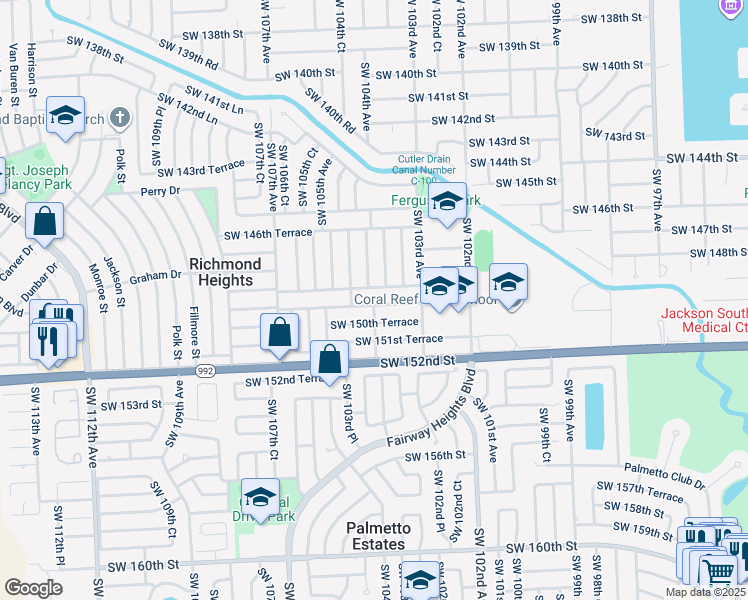 map of restaurants, bars, coffee shops, grocery stores, and more near 10405 Southwest 149th Terrace in Miami