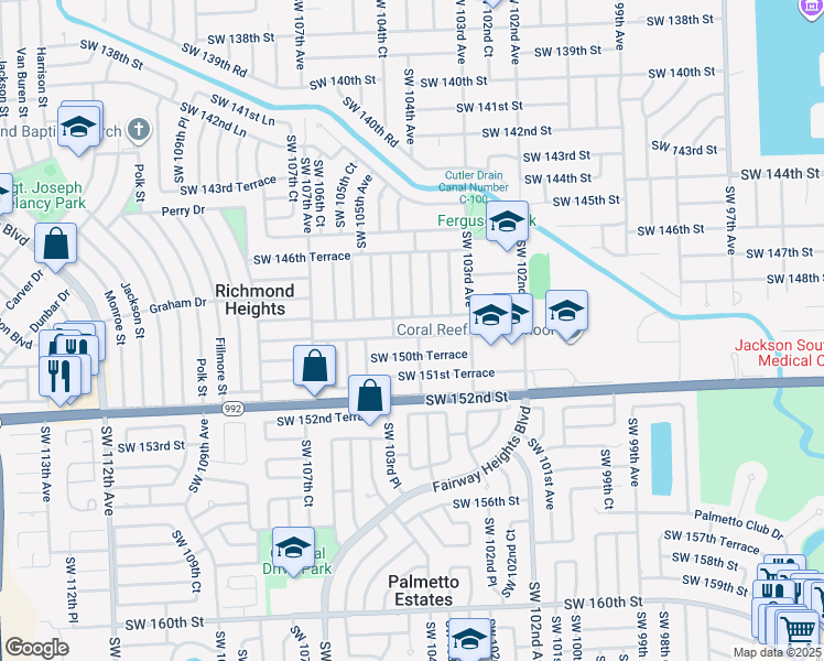 map of restaurants, bars, coffee shops, grocery stores, and more near 10405 SW 149th Terrace in Miami
