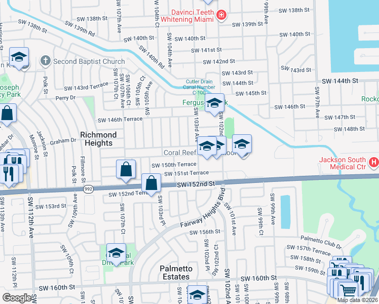 map of restaurants, bars, coffee shops, grocery stores, and more near 10335 Southwest 149th Terrace in Miami