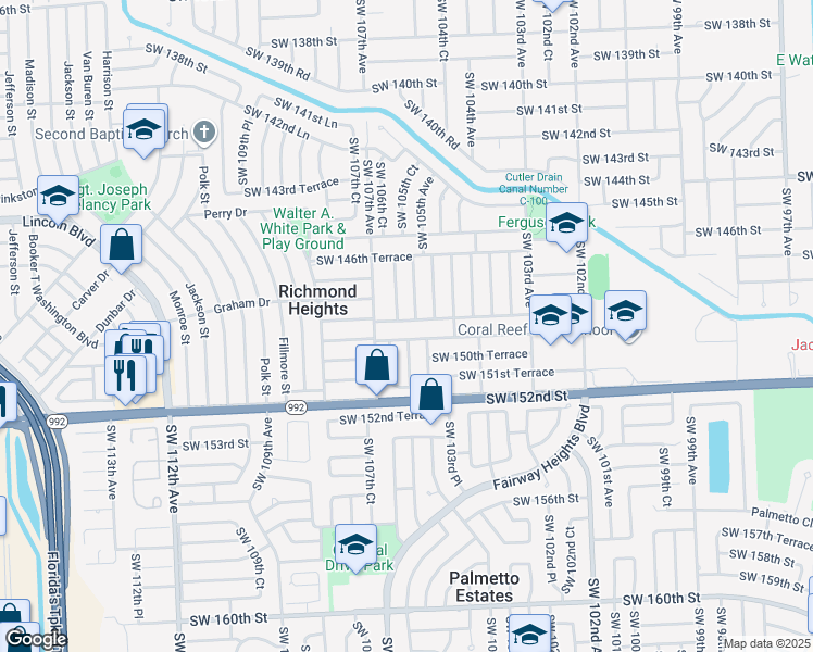 map of restaurants, bars, coffee shops, grocery stores, and more near 10551 Southwest 149th Terrace in Miami