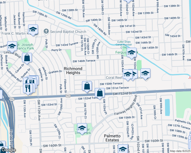 map of restaurants, bars, coffee shops, grocery stores, and more near 10520 Southwest 149th Street in Miami