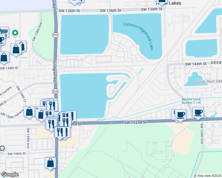 map of restaurants, bars, coffee shops, grocery stores, and more near 14732 Southwest 132nd Place in Miami