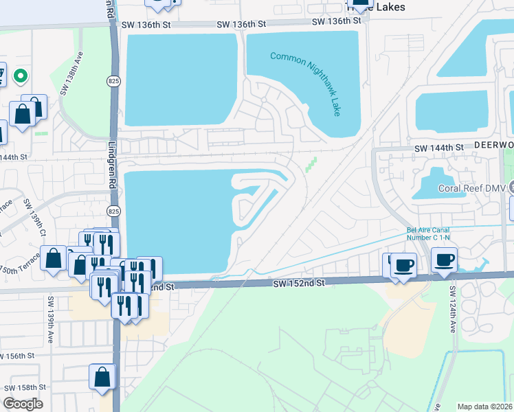 map of restaurants, bars, coffee shops, grocery stores, and more near 14686 Southwest 132nd Court in Miami